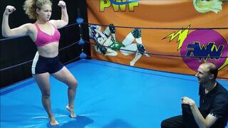 Female wrestler ties up a guy in a ring - part 3