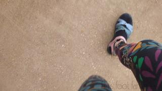 Fifi cranking in Teva sandals with black ankle socks and leggings replay