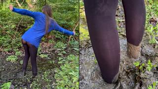 Nastya walking on nature and getting stuck in the mud