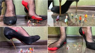 A vintage mean giantess in stiletto heels tramples on tiny people
