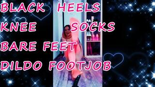 foot fetish DREAM CLIP- pink knee socks black heels bare feet pedicured toes foot tattoo and footjob on dildo