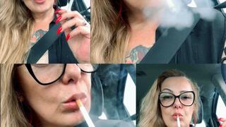 Red Marlboro - It's very satisfying to smoke inside the Uber, filling the car and the driver with my smoke, it gives me a lot of pleasure - Deep Inhales - Dangling, Nose exhales, long hair, Long red nails, Lipgloss