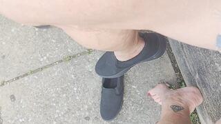 Mister squeezing Tempest's calf while walking