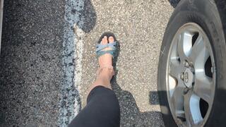 Fifi driving home from yoga in Teva sandals and leggings replay