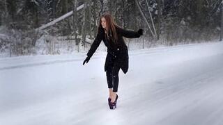Sexy Nina in 10 Inches Platform Zanotti shoes on very slippery road, slippy high heels, high heels on ice