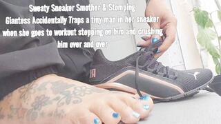 Sweaty Sneaker Smother & Stomping Giantess Accidentally Traps a tiny man in her sneaker when she goes to workout stepping on him and crushing him over and over