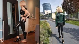 Katya wearing her totally latex outfit, oiling latex and walking outdoors