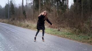 Sexy Nina in Jeffrey Campbell Skate Shoes on black ice, slippy heelless shoes on ice, girl on slippy ICE