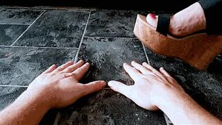Hands trample with my pretty wedges mules and barefoot