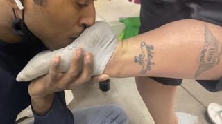 Blue straps and socked wide smelly thick soles