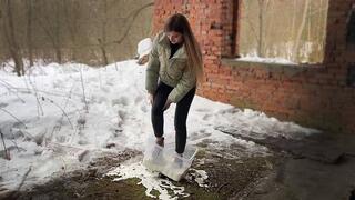 Wedges Nina's Boots stuck in Non-Newtonian Fluid, Wedges Boots Messy and Wet, Boots Stuck in Fluid