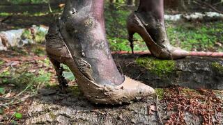 Walking in TUNA High Heels in Muddy Forest, High Heels Sinking in Mud, High Heels Ruined
