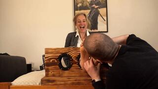 Classy Sabine is tickled in the stocks