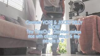 HD Giantess VORE & JIGGLY BELLY SHOW Tiny TakeOut Giantess orders rice with chicken wings & tiny people in it