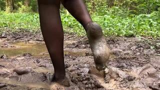 Black Stockings in MUD, muddy stockings, ripped stockings, black stockings wet and muddy