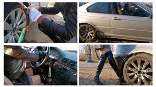 HOT: Crazy drift and late autumn spinning wheels in chains on tires