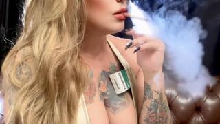 Custom Mature Doll - Newport - Extreme smoker's cough, coughing with smoke residue, Multiple pumps, Puffs, Smoke rings, Deep Inhales, Nose exhales, Long drag, Long leather skirt, Golden leather bodysuit, Long blonde hair, Long black nails , Red lipstick
