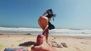 Nude Beach Public Masturbates of Teen sexy Girl, caresses Feet, and Guy jerks off Dick and Cums