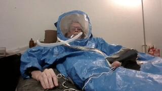 Awake Intubated on vent enjoying estim in Hazmat and snowsuits being milked