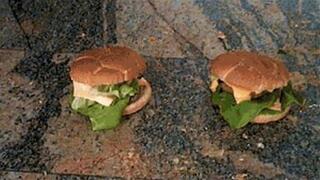 Two big cheese burgers crushed with my barefeet