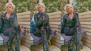 Crushing two Malrboro Reds wearing all Leather outdoors - Kinkerbell23