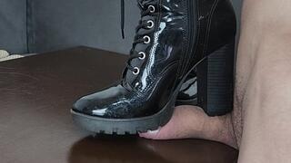Queen Lytta Blond - SEXY Vinyl Boots CBT 3 - POV - AMATEUR - CBT - HIGH HEELS - BOOTS - COCK TRAMPLE - FOOT DOMINATION - FOOT HUMILIATION - BALLBUSTING - CUMSHOT - COCK SQUEEZE - COCK STOMP -