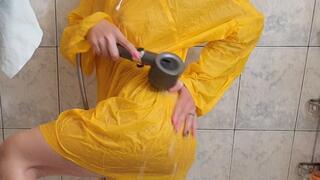 teasing you, pussy play while wearing rain poncho in the shower