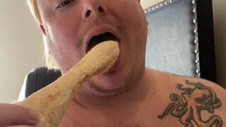 hairy tits fat belly ftm femboy eating pizza and breadsticks