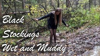 Sexy Nina in Black Stockings in Mud, Muddy Stockings, Feet Stuck in Mud, Black Stockings Wet and Muddy