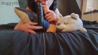 Leashed puppy boy gives a sloppy double blowjob