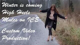 Sexy Nina in High heels sliding on a black ice, high heels mules on ice, high heels on slippery ice