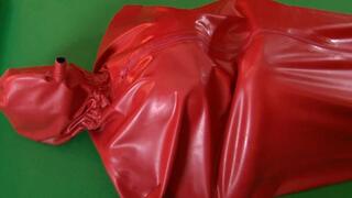 Masturbation Fun In The Bar Room with Gas Mask + Red Latex Catsuit Under Rubber Raincoat - Part 4 of 4