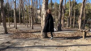 girl in high heels and snowy white socks walks down the street and loses her shoes, getting her socks dirty