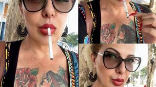 Winston 100s - Smoking quickly on the street - Deep Inhales, Double pumps, Smoker's cough, Crush, Red lipstick, Long red nails, All star converse silver leather sneakers, sunglasses