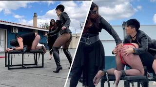 Leather-clad Mistress Alexandra and Mistress Julieta cane her disobedient slave