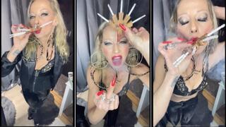 Smoking 5 voque blue slim at once with my 5 holder in pvc leather and boots