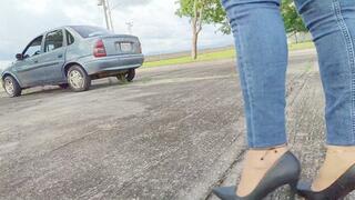 Pumping Corsican trolley pedal in stilettos and barefoot (1)