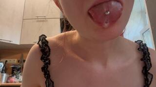 A lot of drool in Emmy's mouth, big spit with tongue, dripping