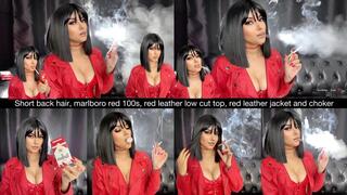 Short black hair, marlboro red 100s, red leather low cut top, red leather jacket and choker