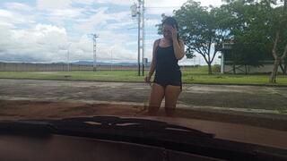 Roxana using high heels to pump old car pedals (3)