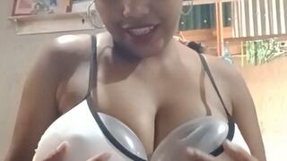 Sexy Juju Stuffs Herself With HUGE Balloon BOOBS And A Big Balloon Butt In A Tight White Dress