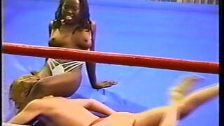 Interracial Pro Wrestling-Scissored, Kicked, Stomped, Kneed In The Crotch & Twisted Into The Ropes-Cathy vs Holly