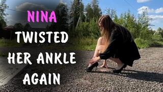 Sexy Nina twisted ankle, girl walks in one shoe, twisted ankle girl, high heels on gravel