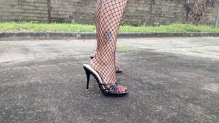 A goddess walking in high heels and fisherman's net stockings (3)
