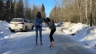 Top 14 min! Two girls BAREFOOT comparing eight pairs of high heels on very slippery ice and snow (Part #1)