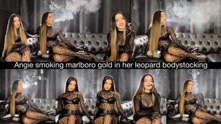 Angie smoking Marlboro Gold in her leopard bodystocking