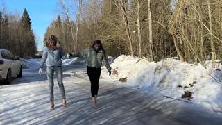Top 12 min! Two girls BAREFOOT comparing eight pairs of high heels on very slippery ice and snow (Part #3)
