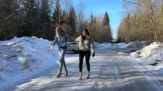 Top 11 min! Two girls BAREFOOT comparing eight pairs of high heels on very slippery ice and snow (Part #4)