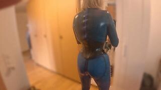 Blue Latex Doll in Ass Shaping Leggings, Public Masturbation, and Pierced Dick Sucking on Balcony - Part 1