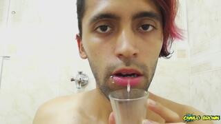 Filling a cup with spit and Jerking off